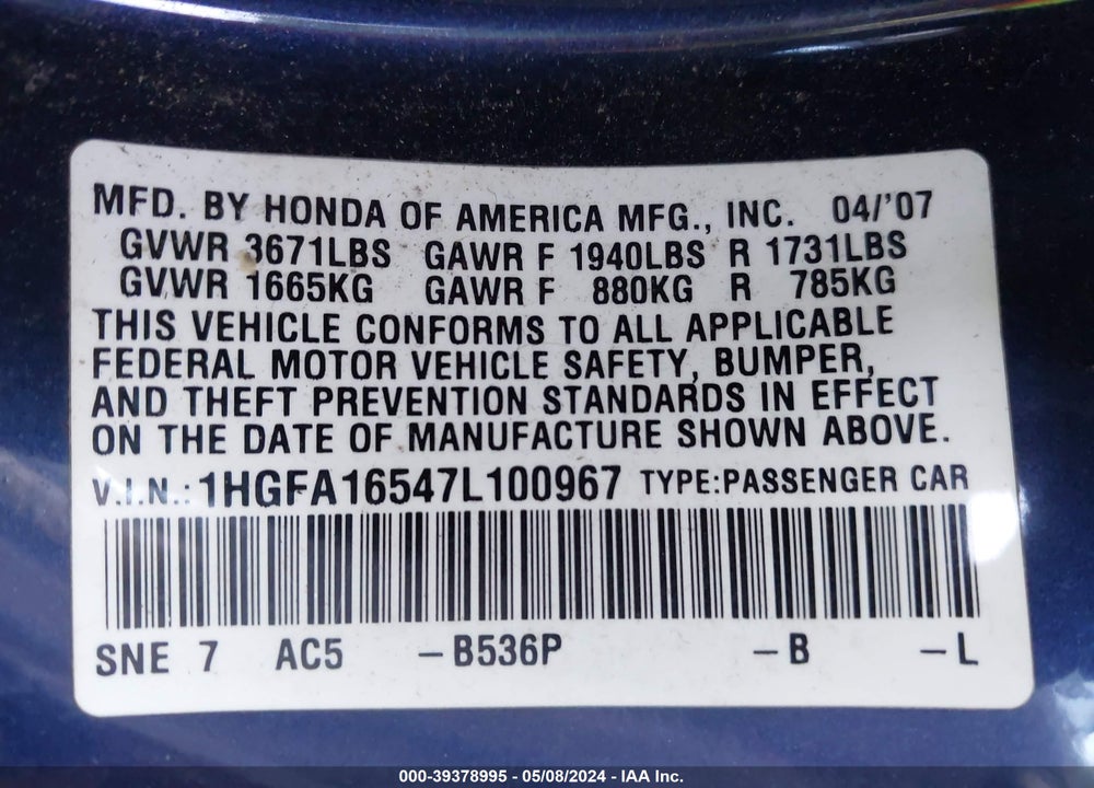 2007 HONDA CIVIC LX VIN: 1HGFA16547L100967
