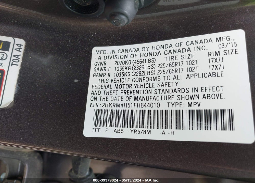 2015 HONDA CR-V EX VIN: 2HKRM4H51FH644010