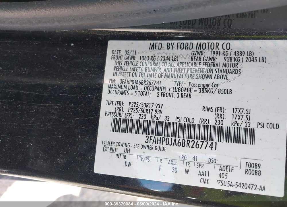 2011 FORD FUSION SEL VIN: 3FAHP0JA6BR267741