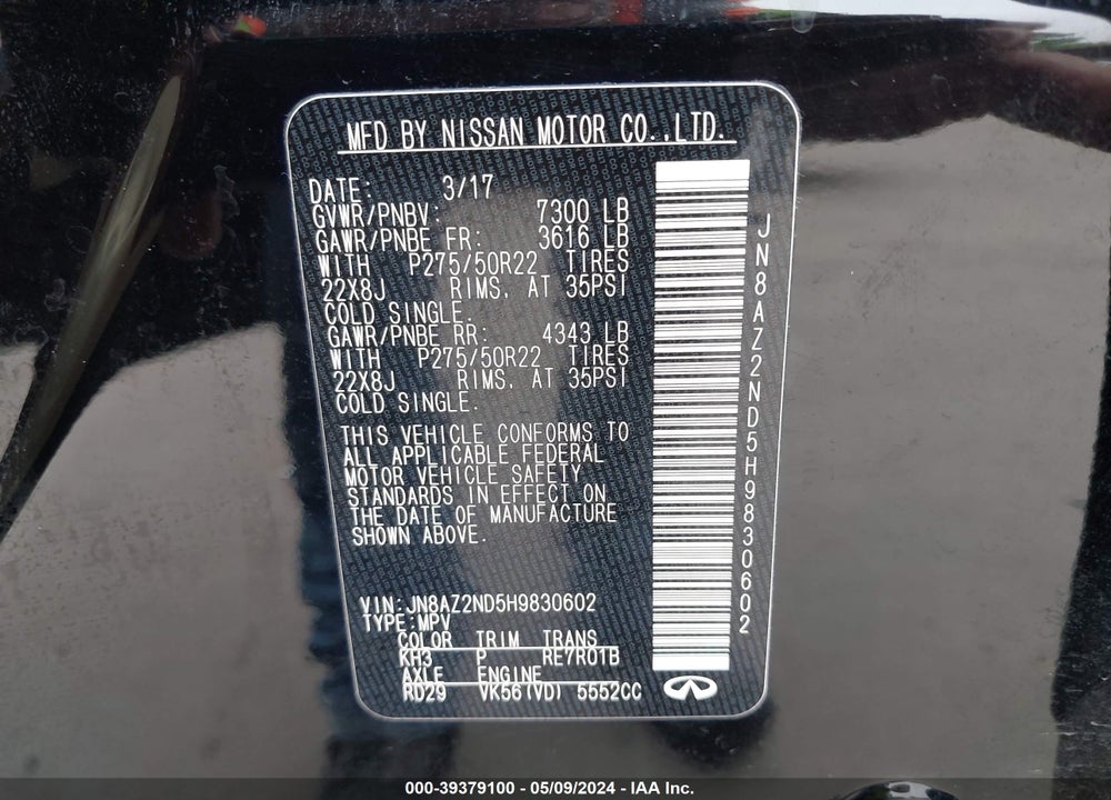 2017 INFINITI QX80 VIN: JN8AZ2ND5H9830602
