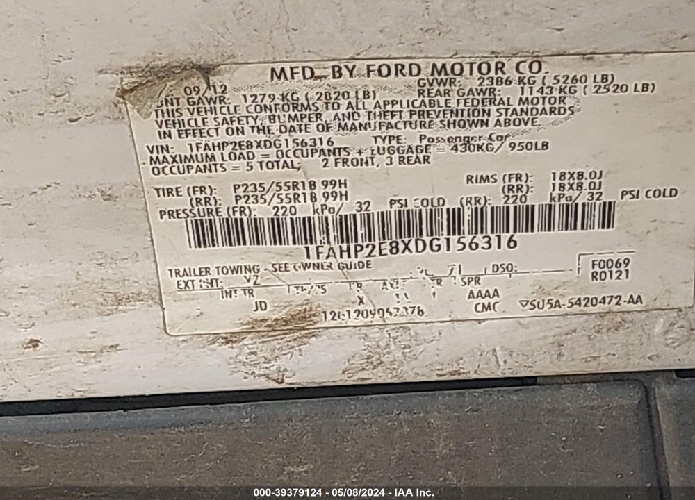 2013 FORD TAURUS SEL VIN: 1FAHP2E8XDG156316