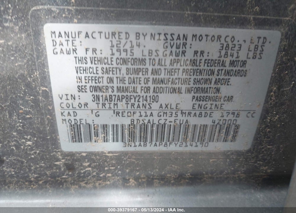 2015 NISSAN SENTRA S VIN: 3N1AB7AP8FY214190