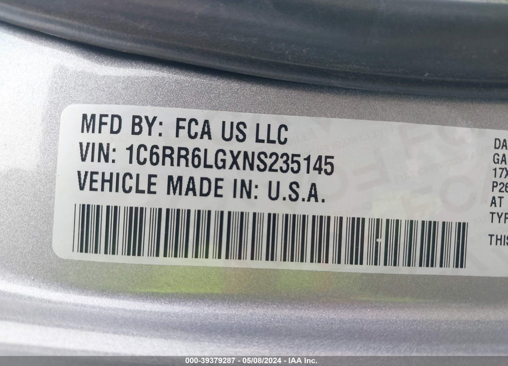 2022 RAM 1500 CLASSIC SLT 4X2 5'7 BOX VIN: 1C6RR6LGXNS235145