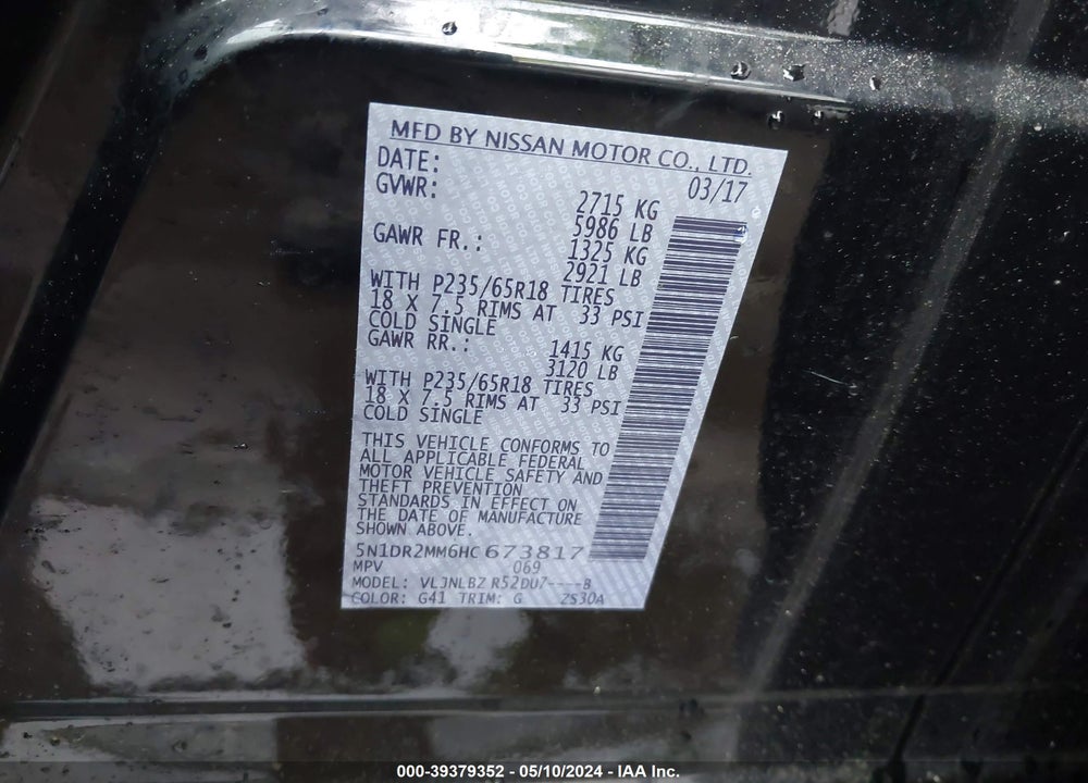 2017 NISSAN PATHFINDER S VIN: 5N1DR2MM6HC673817