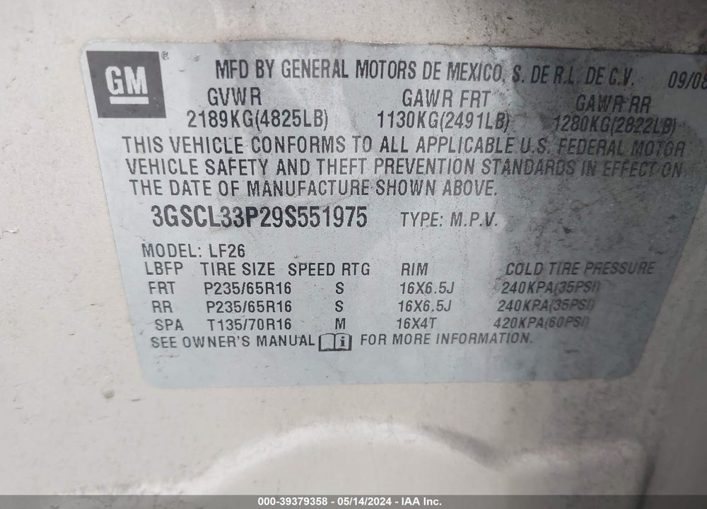 2009 SATURN VUE 4-CYL XE VIN: 3GSCL33P29S551975