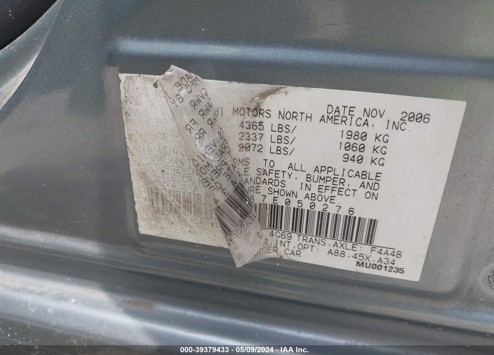 2007 MITSUBISHI GALANT ES/SE VIN: 4A3AB36F67E050276