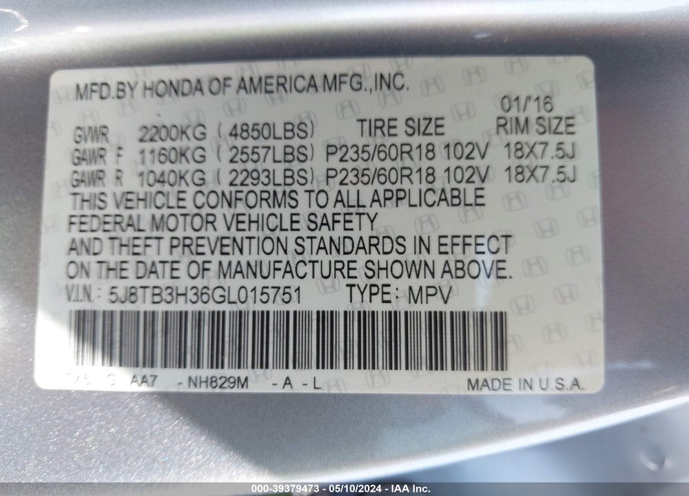 2016 ACURA RDX WATCH PLUS PKG VIN: 5J8TB3H36GL015751