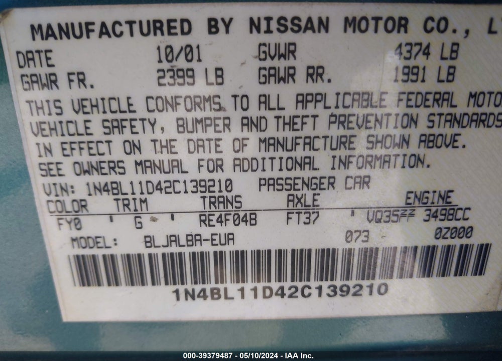 2002 NISSAN ALTIMA 3.5 SE VIN: 1N4BL11D42C139210