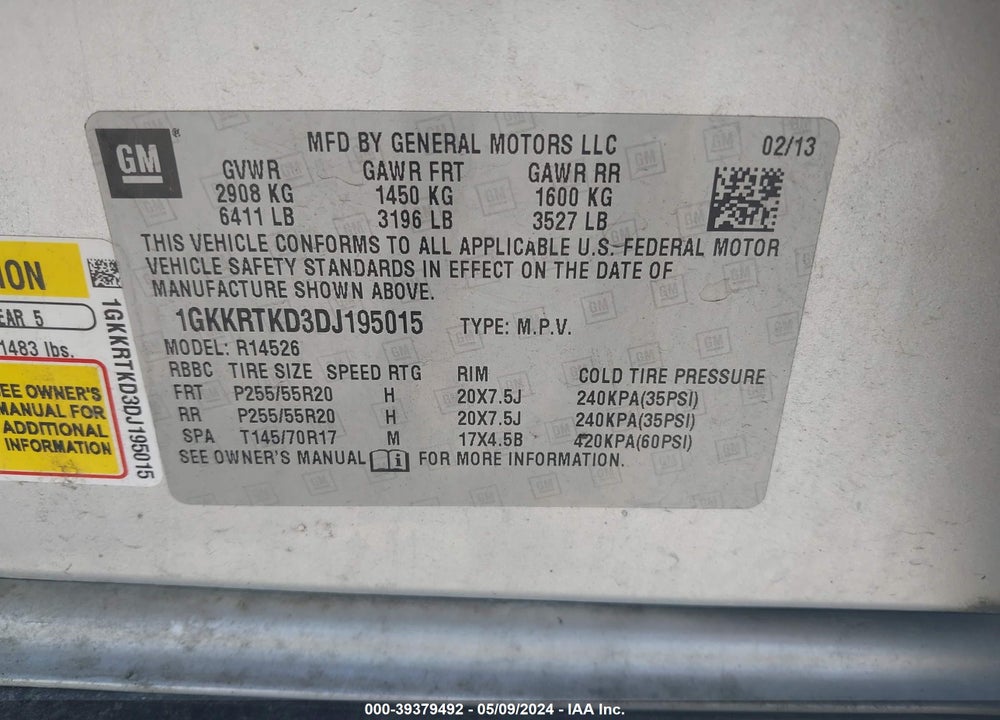 2013 GMC ACADIA DENALI VIN: 1GKKRTKD3DJ195015