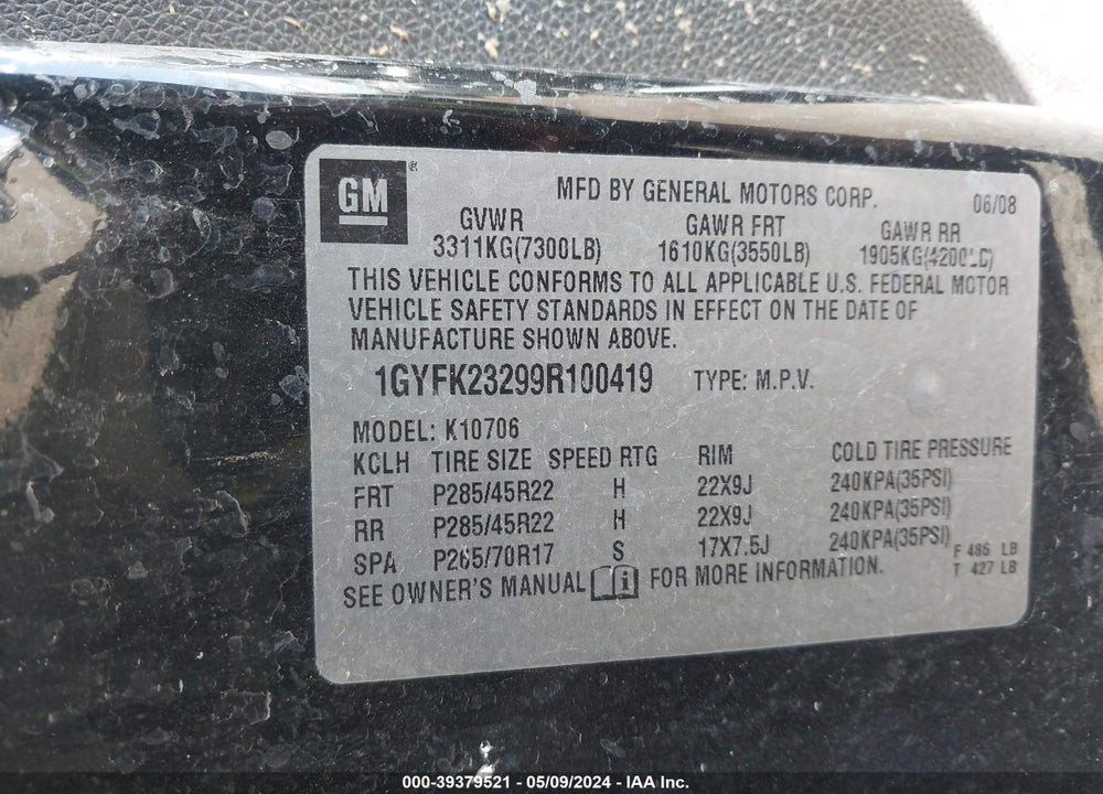 2009 CADILLAC ESCALADE STANDARD VIN: 1GYFK23299R100419