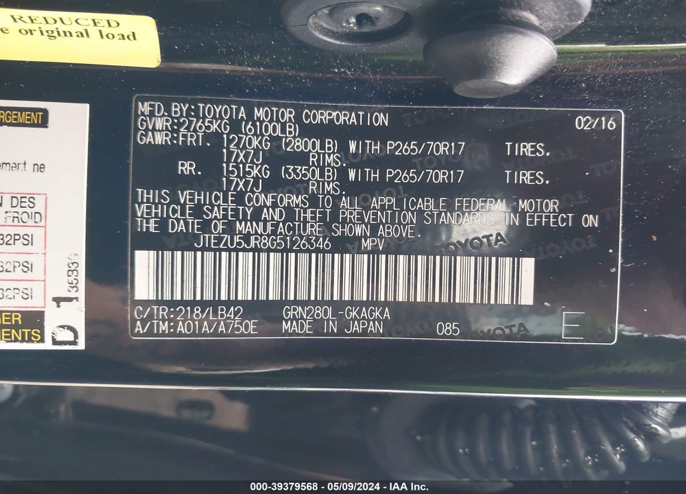 2016 TOYOTA 4RUNNER SR5 VIN: JTEZU5JR8G5126346