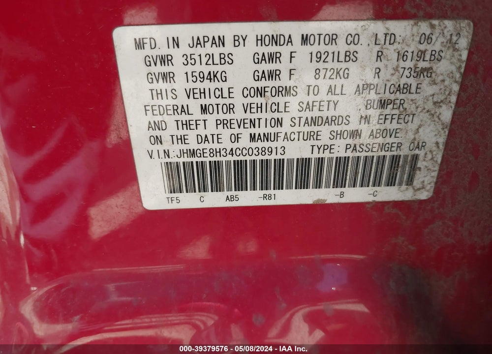 2012 HONDA FIT VIN: JHMGE8H34CC038913