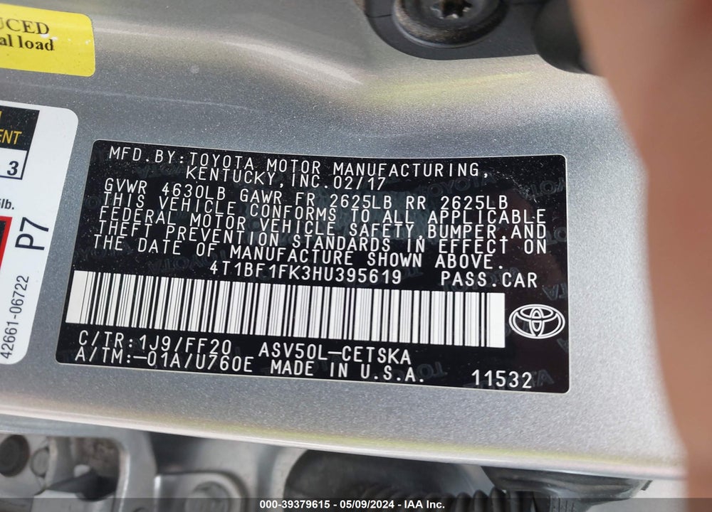 2017 TOYOTA CAMRY SE VIN: 4T1BF1FK3HU395619