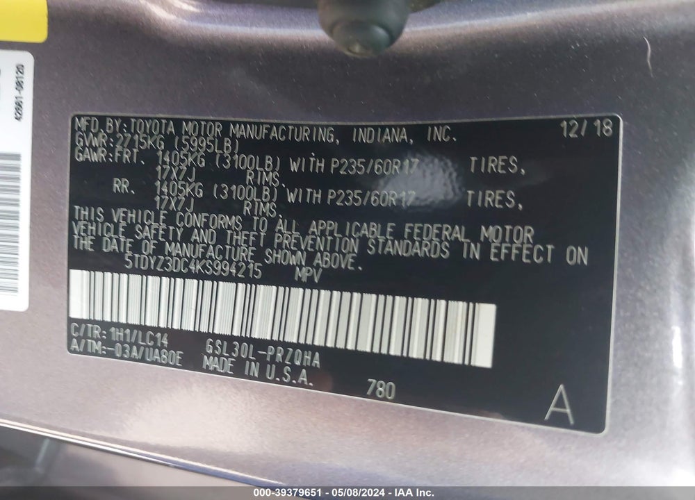 2019 TOYOTA SIENNA XLE 8 PASSENGER VIN: 5TDYZ3DC4KS994215
