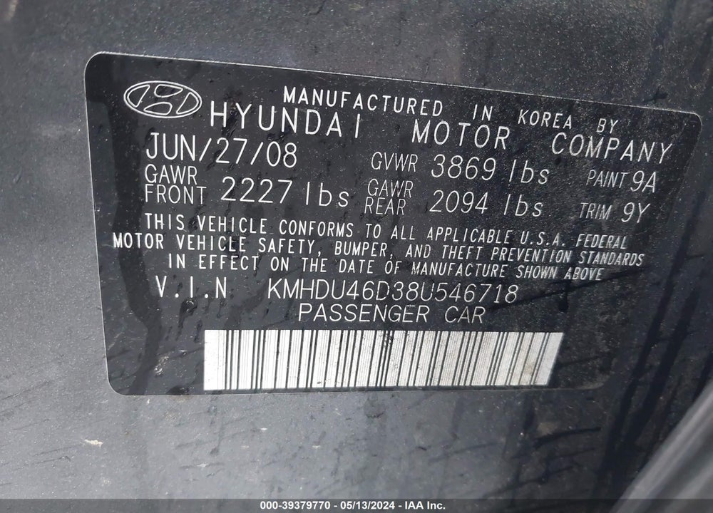 2008 HYUNDAI ELANTRA GLS/SE VIN: KMHDU46D38U546718