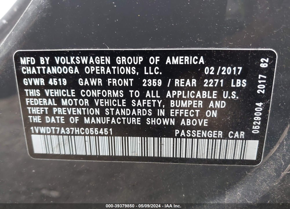 2017 VOLKSWAGEN PASSAT 1.8T R-LINE VIN: 1VWDT7A37HC055451