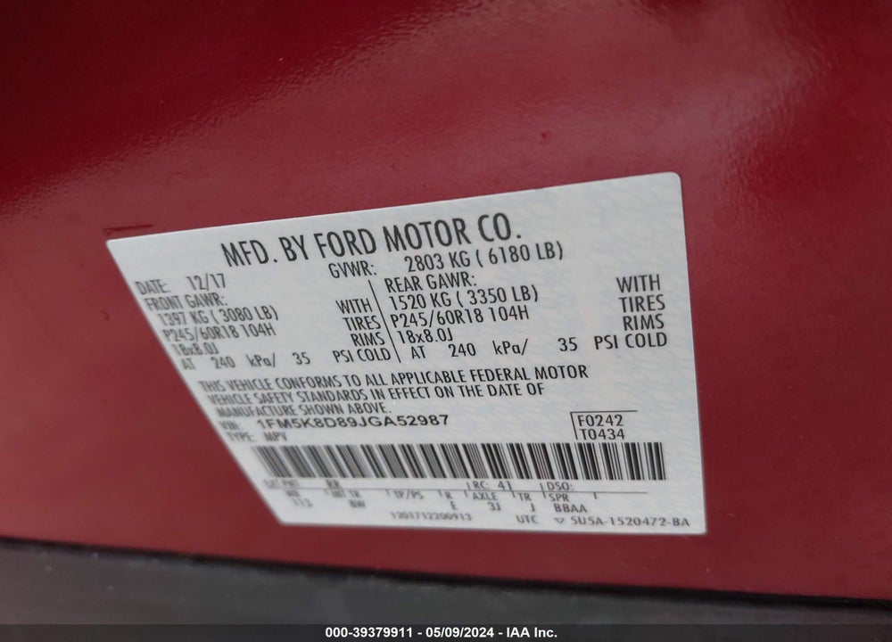 2018 FORD EXPLORER XLT VIN: 1FM5K8D89JGA52987