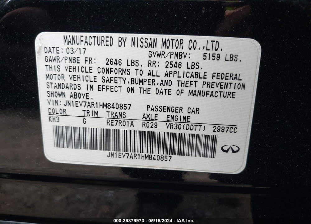 2017 INFINITI Q50 3.0T SIGNATURE EDITION VIN: JN1EV7AR1HM840857