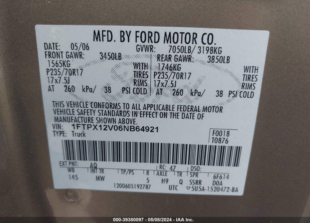 2006 FORD F-150 LARIAT/XL/XLT VIN: 1FTPX12V06NB64921
