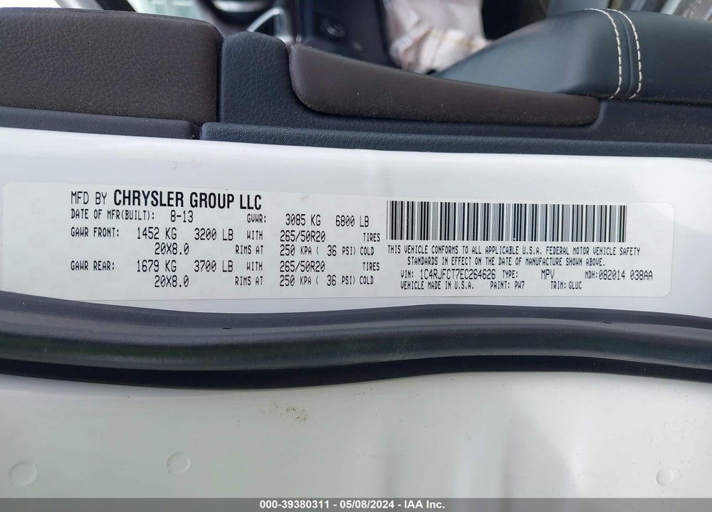 2014 JEEP GRAND CHEROKEE OVERLAND VIN: 1C4RJFCT7EC264626