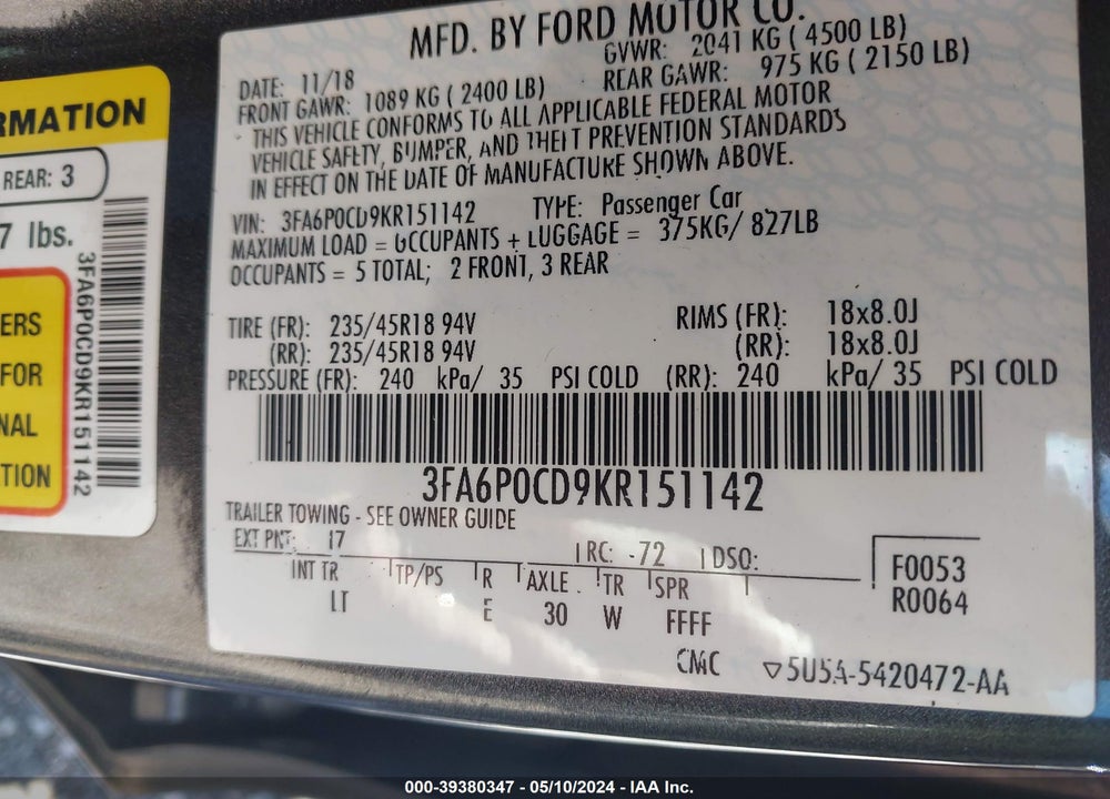2019 FORD FUSION SEL VIN: 3FA6P0CD9KR151142
