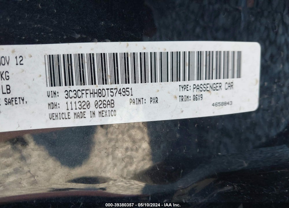 2013 FIAT 500 TURBO VIN: 3C3CFFHH8DT574951