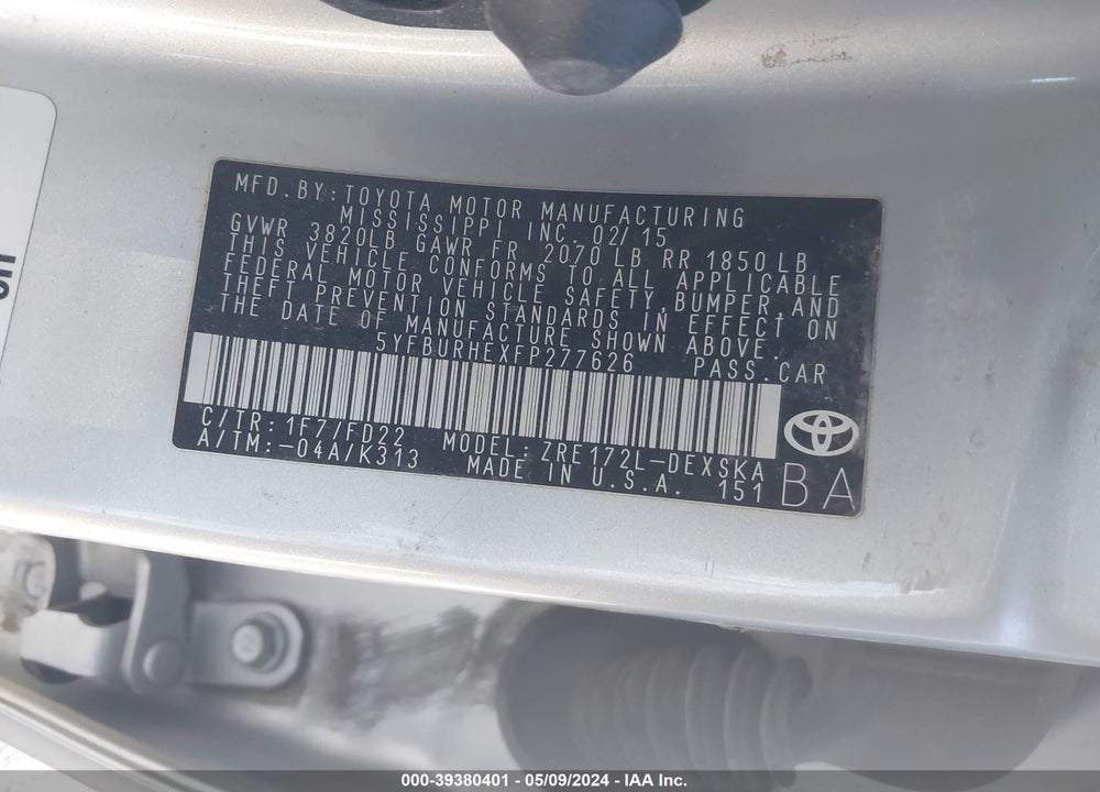 2015 TOYOTA COROLLA S PLUS VIN: 5YFBURHEXFP277626