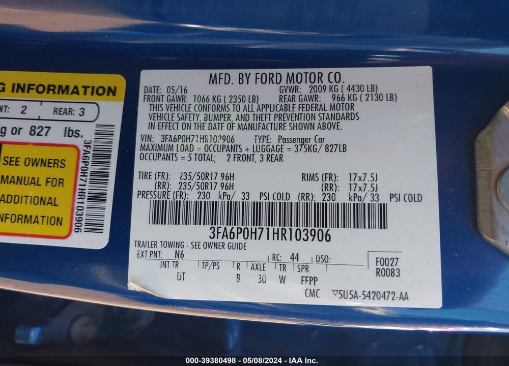 2017 FORD FUSION SE VIN: 3FA6P0H71HR103906