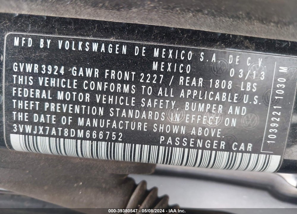 2013 VOLKSWAGEN BEETLE 2.5L VIN: 3VWJX7AT8DM666752