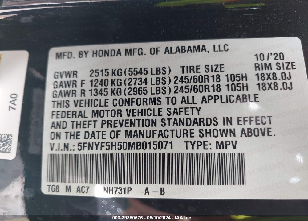 2021 HONDA PILOT 2WD EX-L VIN: 5FNYF5H50MB015071