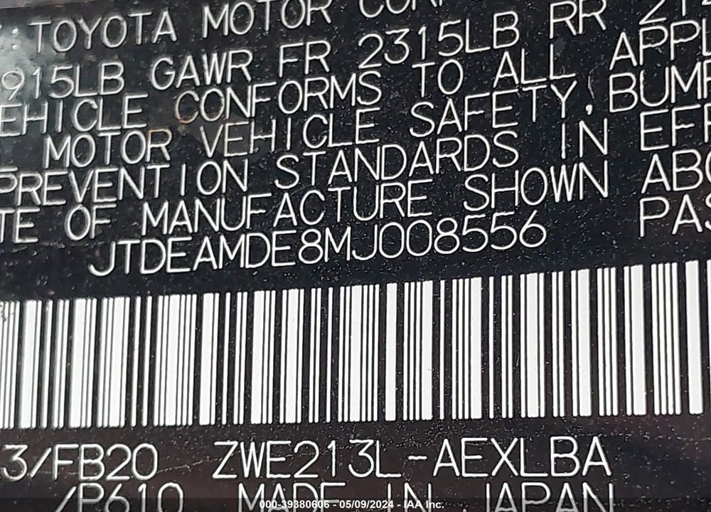 2021 TOYOTA COROLLA HYBRID LE VIN: JTDEAMDE8MJ008556