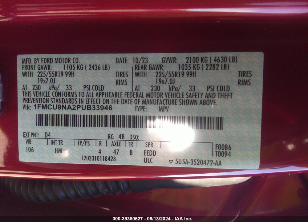 2023 FORD ESCAPE ST-LINE SELECT VIN: 1FMCU9NA2PUB33946