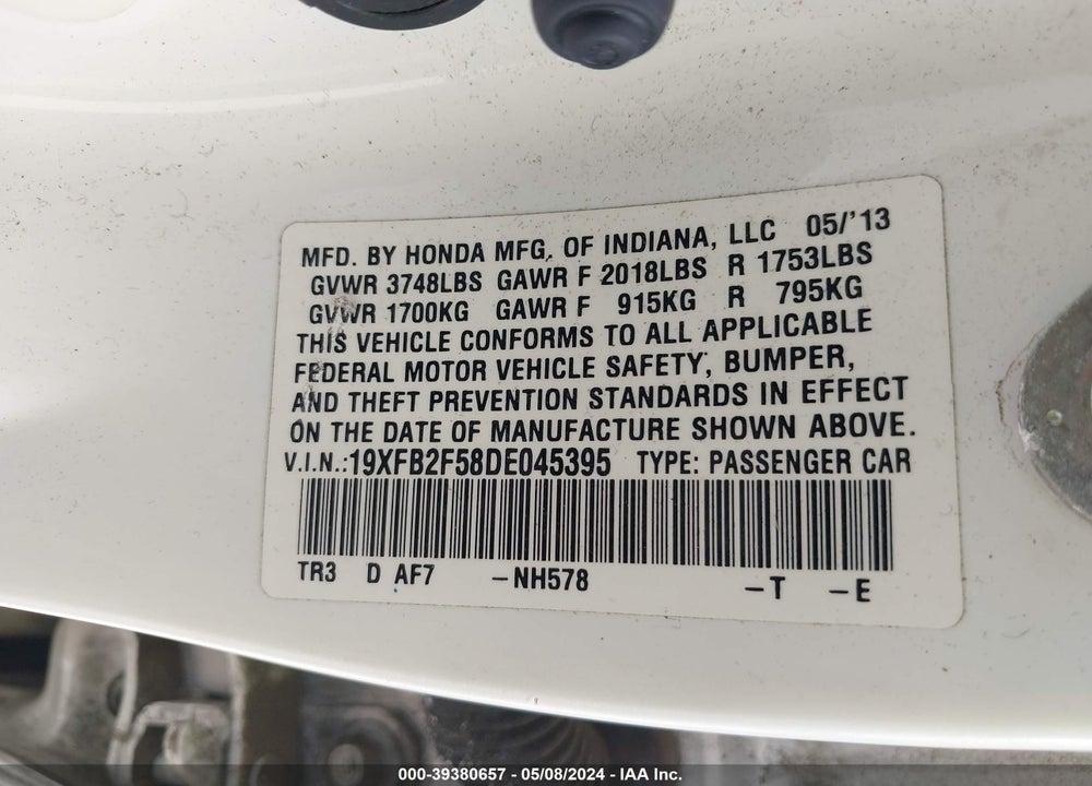 2013 HONDA CIVIC LX VIN: 19XFB2F58DE045395