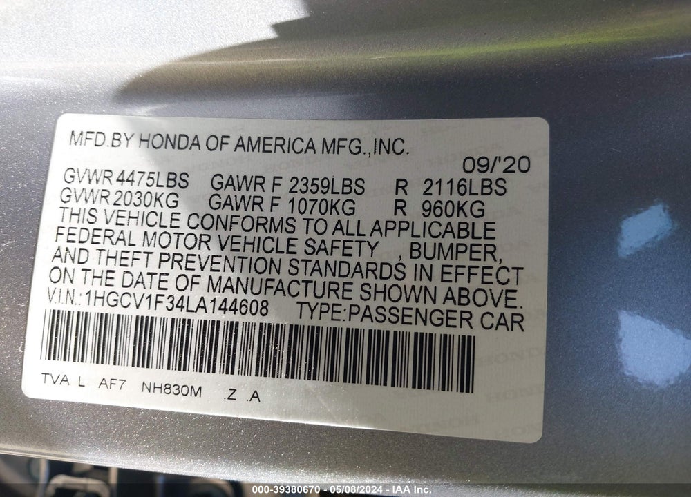2020 HONDA ACCORD SPORT VIN: 1HGCV1F34LA144608