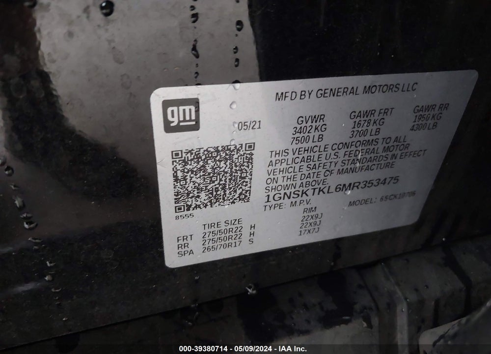 2021 CHEVROLET TAHOE 4WD HIGH COUNTRY VIN: 1GNSKTKL6MR353475