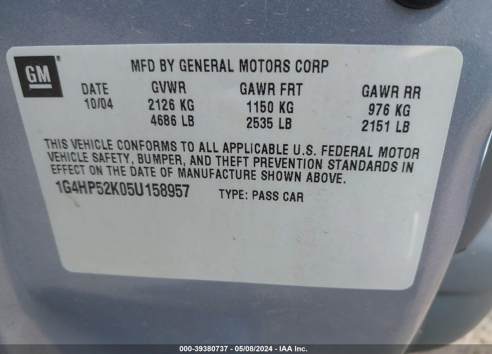 2005 BUICK LESABRE CUSTOM VIN: 1G4HP52K05U158957