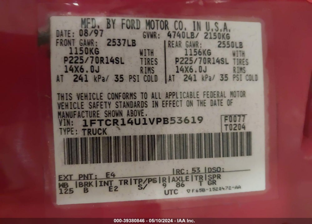 1997 FORD RANGER SPLASH/XL/XLT VIN: 1FTCR14U1VPB53619