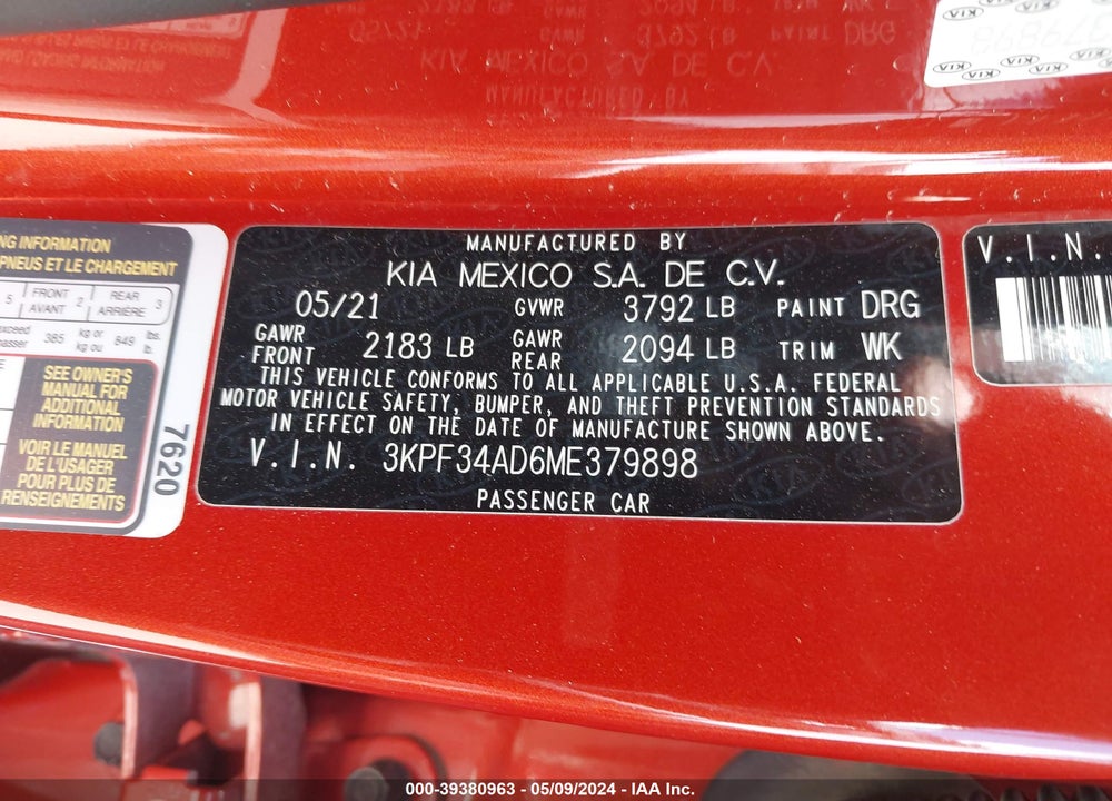 2021 KIA FORTE GT LINE VIN: 3KPF34AD6ME379898