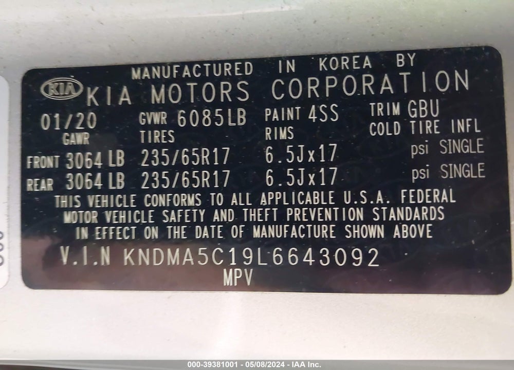 2020 KIA SEDONA L VIN: KNDMA5C19L6643092