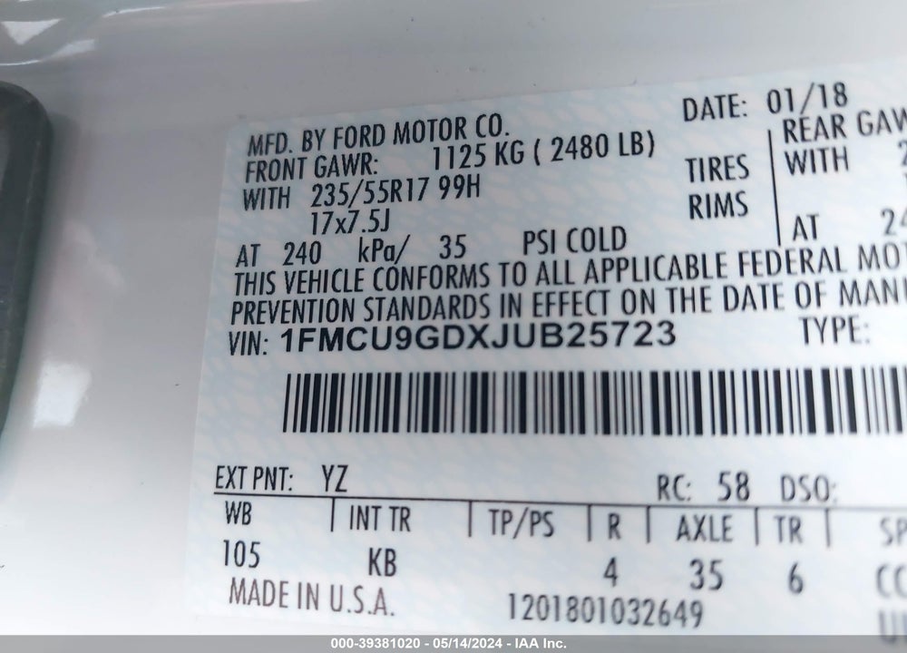 2018 FORD ESCAPE SE VIN: 1FMCU9GDXJUB25723