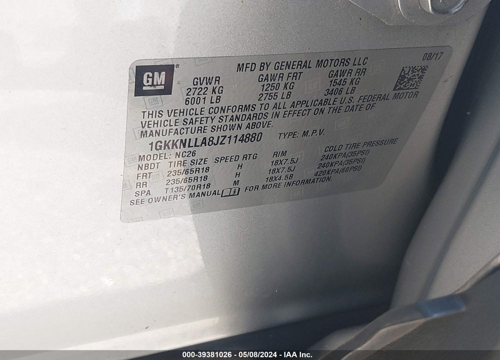 2018 GMC ACADIA SLE-2 VIN: 1GKKNLLA8JZ114880