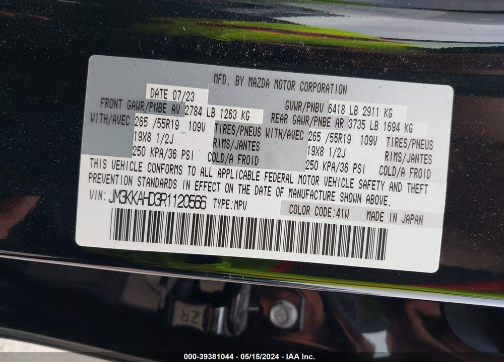 2024 MAZDA CX-90 3.3 TURBO SELECT VIN: JM3KKAHD3R1120566