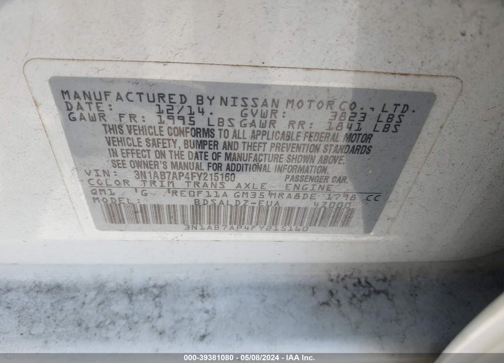 2015 NISSAN SENTRA SV VIN: 3N1AB7AP4FY215160