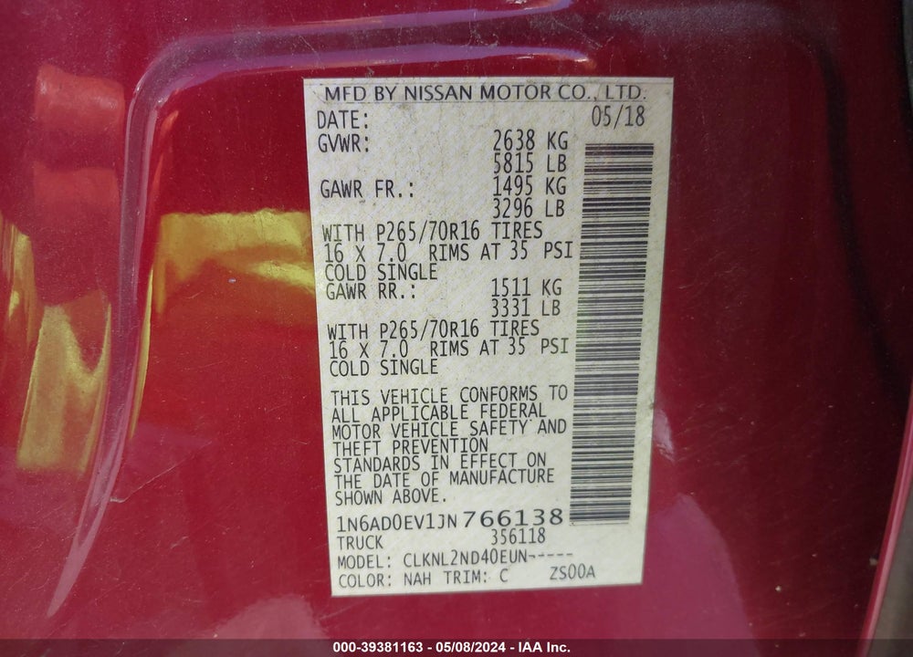 2018 NISSAN FRONTIER SV VIN: 1N6AD0EV1JN766138