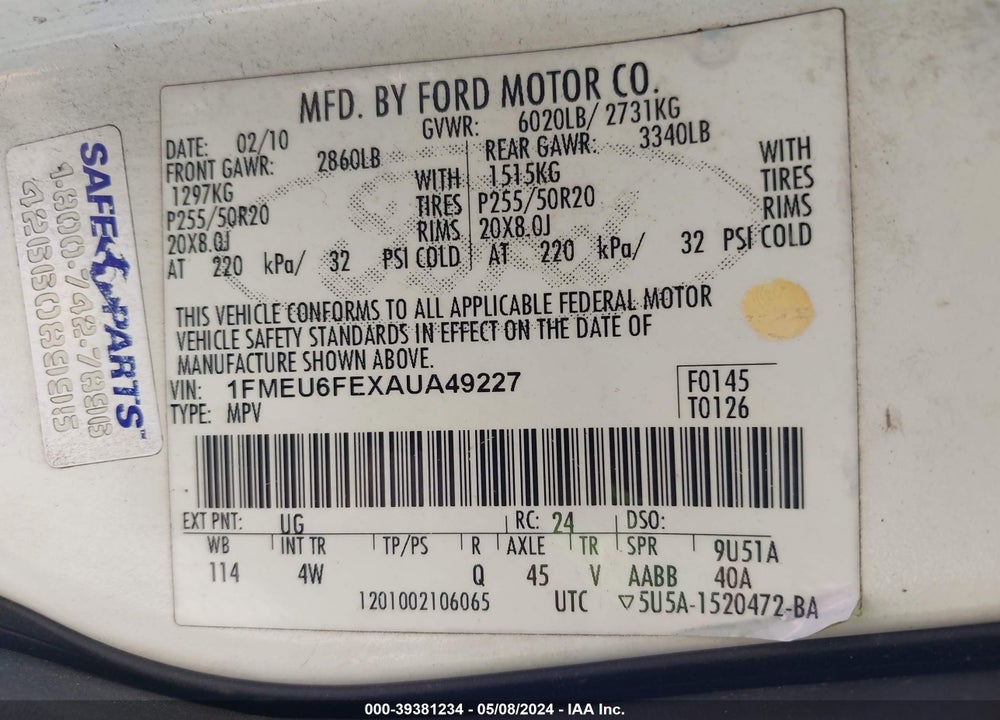 2010 FORD EXPLORER LIMITED VIN: 1FMEU6FEXAUA49227