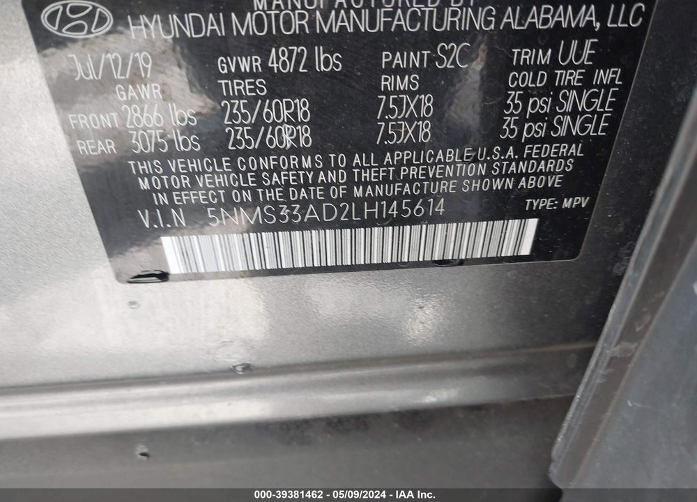 2020 HYUNDAI SANTA FE SEL VIN: 5NMS33AD2LH145614