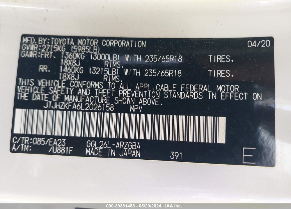 2020 LEXUS RX 350L VIN: JTJHZKFA6L2026158