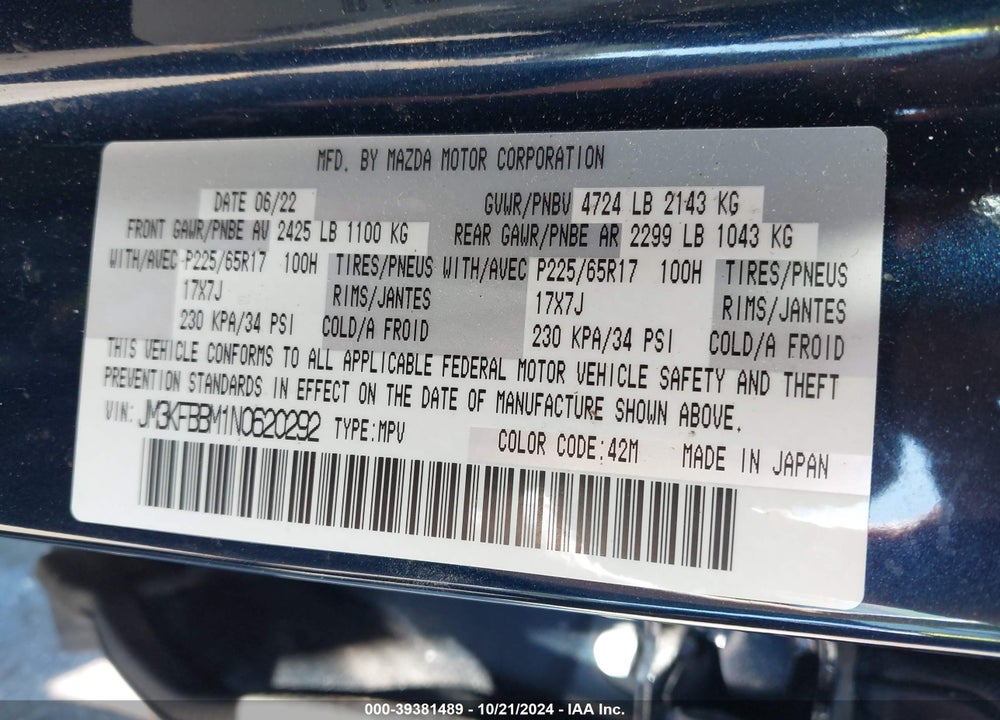 2022 MAZDA CX-5 2.5 S SELECT VIN: JM3KFBBM1N0620292