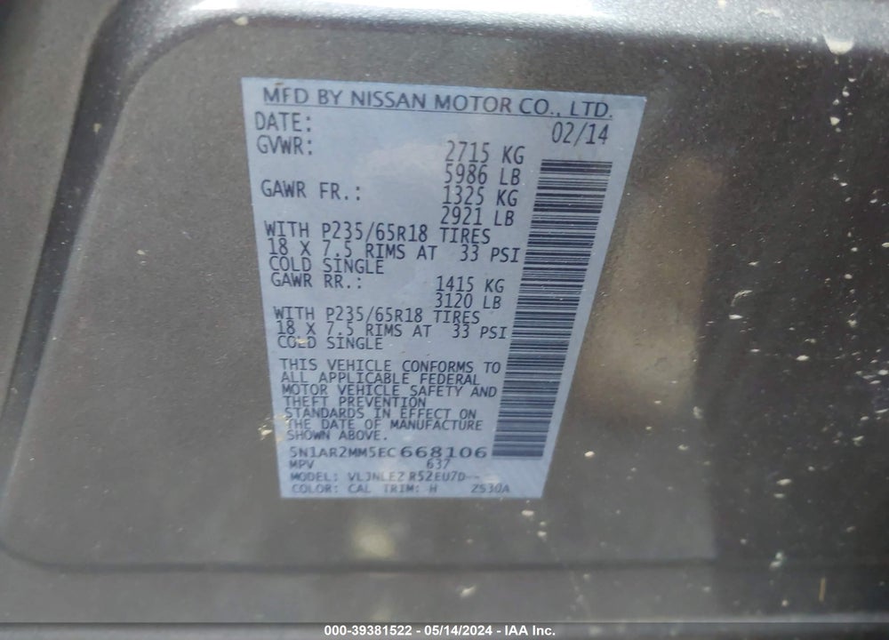 2014 NISSAN PATHFINDER SV VIN: 5N1AR2MM5EC668106