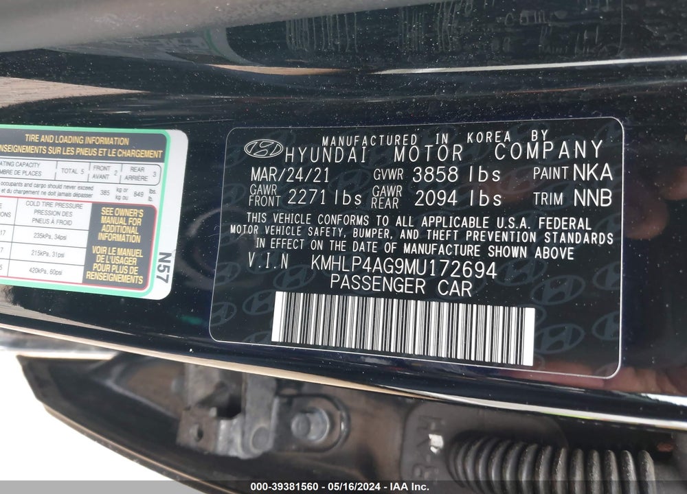 2021 HYUNDAI ELANTRA LIMITED VIN: KMHLP4AG9MU172694